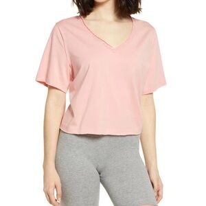Nordstrom BP Oversized Lace Trim T-Shirt Pink Pudding Size Large V-Neck Top 2021